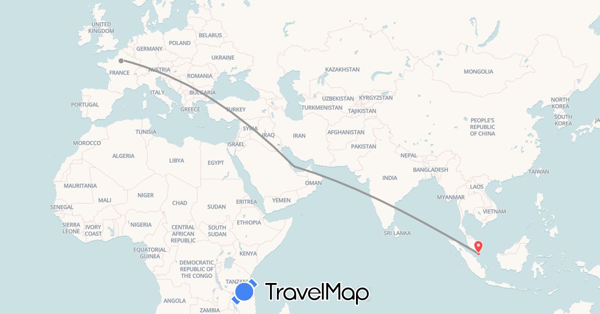 TravelMap itinerary: driving, plane, hiking in France, Qatar, Singapore (Asia, Europe)